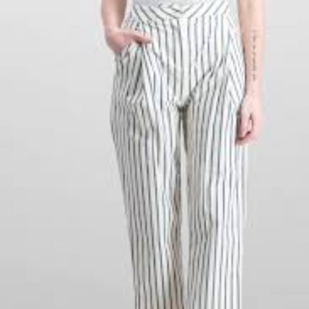 Mo Vint Women Cropped Stripe Wide Leg Pants, Blue Stripe Size - Medium NWT